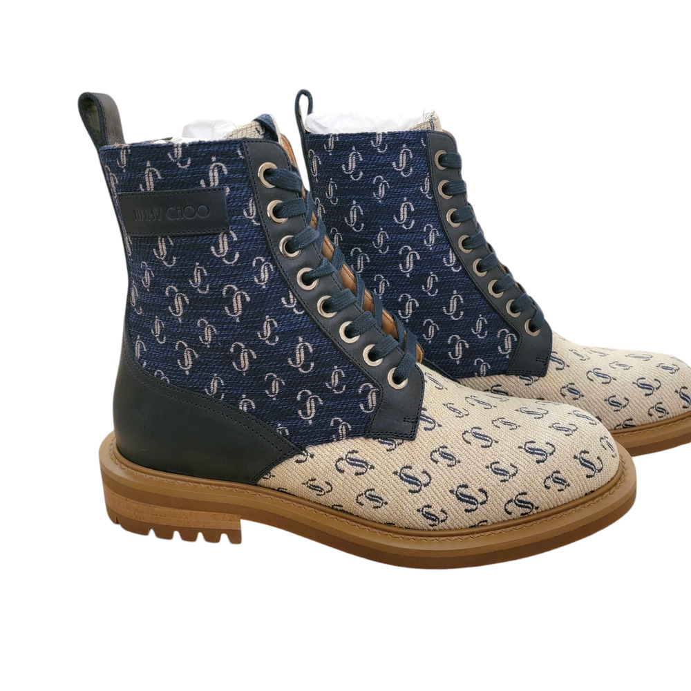 Jimmy Choo Men’s Turing Monogram Combat Boots Logo Blue Tan Lace Up 7.5